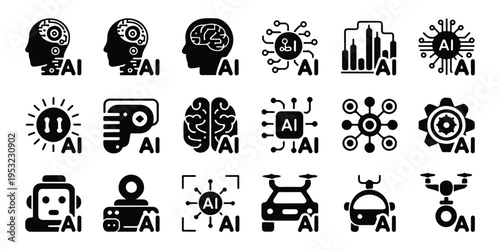 Artificial intelligence icons, ai neural networks and machine learning, modern solid style