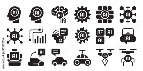 Artificial intelligence ai icons, neural network, machine learning, modern solid black style