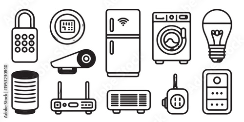 Smart home appliances and automation line icon set for modern household technology concepts