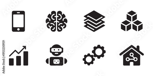 Digital intelligence and machine learning glyph icon set for advanced software developments