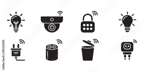 Smart home devices vector icon set, modern smart technology, wireless technology, internet of things system