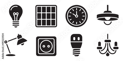 Set of icons depicting various electrical devices and lighting fixtures for home use