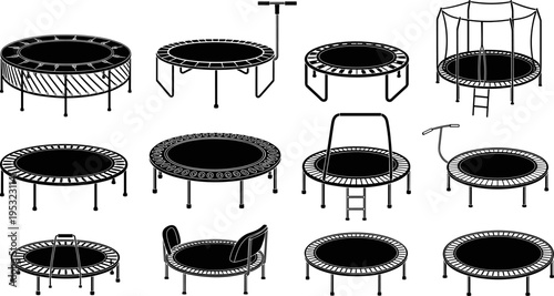 Trampoline silhouette vector set, backyard fitness and playground equipment designs, black and white jumping platforms collection for sport recreation, kids safety illustration