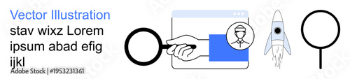 Search optimization, business growth, exploration, digital solutions, innovation, research concepts. A magnifying glass, rocket and user interface elements. Search optimization and business growth