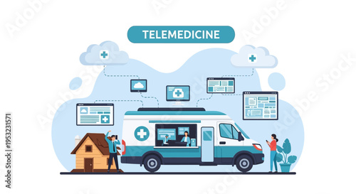 Telemedicine concept illustration showing a mobile clinic van providing remote healthcare services to a patient at home, connected via digital screens and cloud technology.