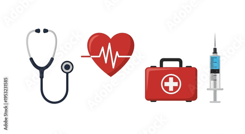 A collection of medical symbols including a stethoscope, a heart with an electrocardiogram, a first aid kit, and a syringe filled with blue liquid, representing healthcare and emergency services.
