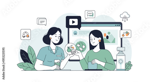 Two women collaborating on a digital project, discussing data visualization and environmental concepts on a large screen.