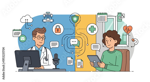 Doctor and patient interacting through digital technology, symbolizing telemedicine and remote healthcare services.