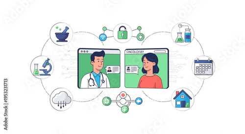 Telemedicine consultation between a doctor and patient via video call, surrounded by healthcare icons and data security symbols.
