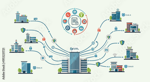 Centralized network security system connecting multiple buildings and data centers with advanced threat protection and data management.