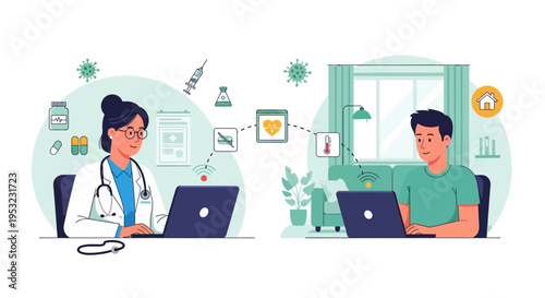 Doctor and patient interacting remotely via laptops, symbolizing telemedicine and online healthcare consultations.