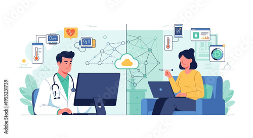 Doctor and patient interacting through technology, showcasing remote healthcare and digital health monitoring systems.
