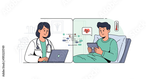 Doctor consulting with a patient remotely via a tablet, showcasing telemedicine and digital healthcare services.
