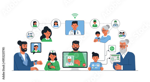 Illustration of diverse people engaging in telehealth consultations, connecting doctors and patients remotely via digital devices and Wi-Fi.