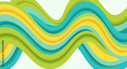 A vibrant and colorful wavy line design with green, blue, and yellow hues on a white background