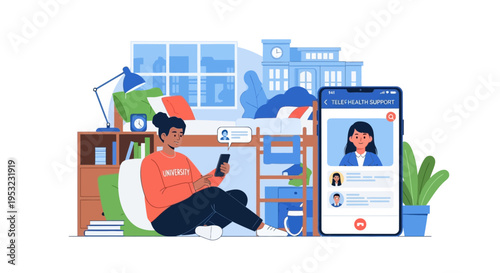 A young woman sits on a beanbag chair, looking at her smartphone, with a large smartphone displaying a profile on a stand next to her.