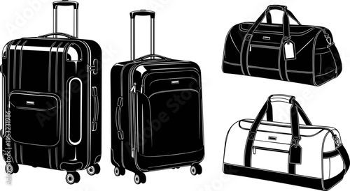 Travel luggage and duffel bag silhouette set, rolling suitcase and carry on collection, black vector illustration isolated on white background for tourism and business travel design