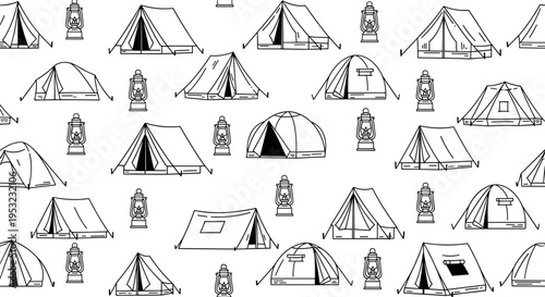 A vector graphic illustration of various camping tents and lanterns in a simple line art style