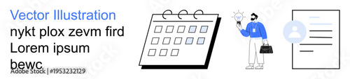 Time management, business tasks, identity verification, organizational tools, personal data protection, professional roles. Calendar, person holding lightbulb user icon. Time management and business