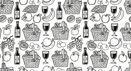 A seamless pattern of wine and picnic items in a minimalist line art style