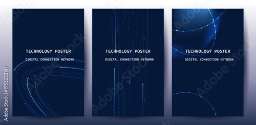 Futuristic digital blue line technology poster set, glowing lines innovation and connection network background for tech event poster or presentation product business