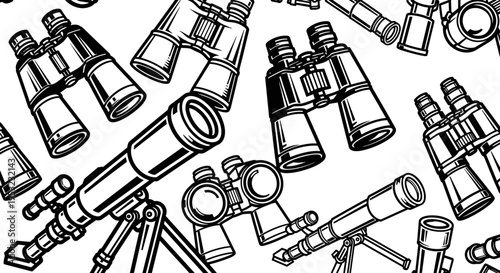 A detailed illustration of various binoculars and telescopes in a flat, minimalist design style