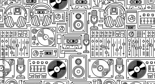 A seamless pattern of black and white audio equipment and music symbols in a flat, minimalist vector design