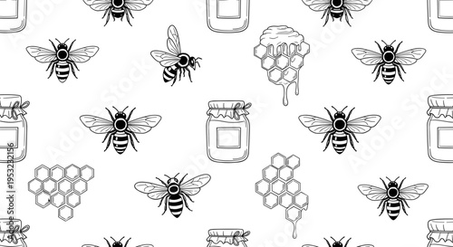 A minimalist vector graphic illustration of bees and honeycombs with jars on a white background