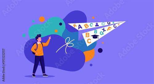a student in an orange sweater and backpack flying a paper airplane with alphabet letters on it, symbolizing learning and education