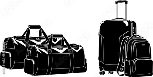 Travel luggage silhouettes vector illustration, duffel bags and rolling suitcase set, black travel baggage icons isolated on white background, minimal modern style