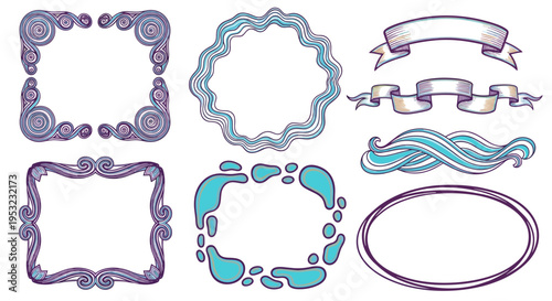A set of ornate and minimalist frames and borders in purple and blue colors for design and decoration