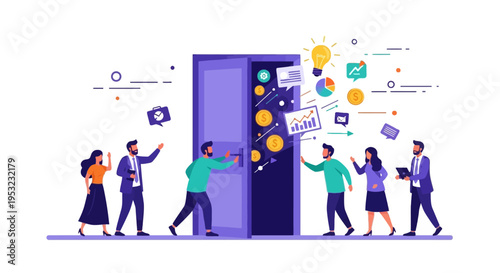 A diverse group of business professionals opening a door to reveal a flow of innovative ideas and financial growth, symbolizing new opportunities and success.