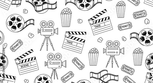 A seamless pattern of film and cinema icons in a minimalist line art style