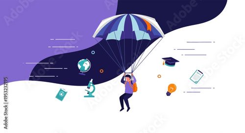 a student with a parachute and education icons, representing learning and adventure