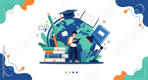 a student standing in front of a globe surrounded by books, a laptop, and education-related items, representing global learning and education