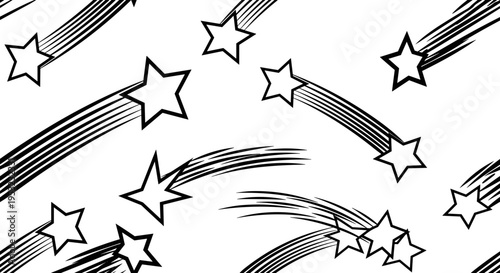 A minimalist vector illustration of shooting stars and star trails in a simple black and white design