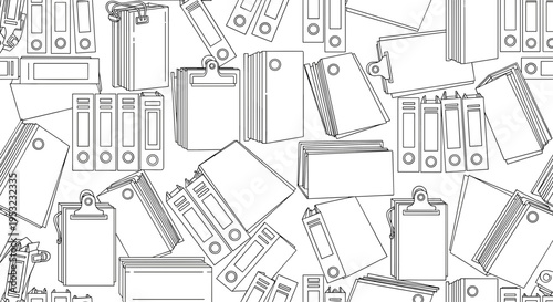 A vector graphic illustration of a scattered collection of binders and folders in a minimalist line art style