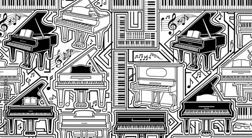 A detailed vector illustration of multiple grand pianos and keyboards in a seamless pattern design