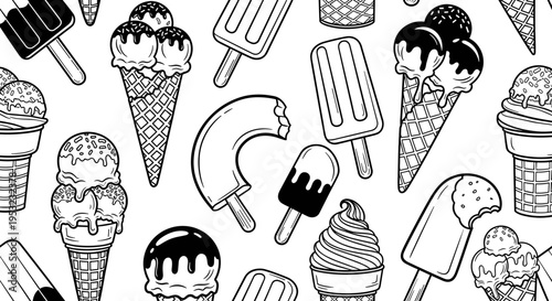 A black and white vector illustration of various ice cream treats on a white background