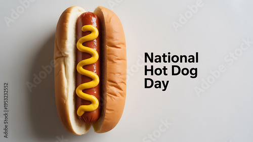 A hot dog in a bun topped with a zigzag of mustard, celebrating National Hot Dog Day