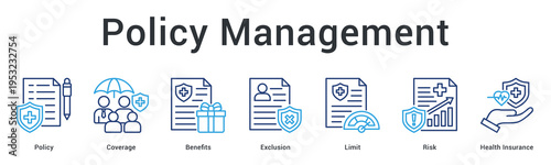 Policy management banner web icon outlines coverage terms, benefits, exclusions and risk limits for insurance contracts.