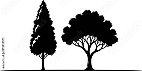 Tree silhouette illustration set featuring pine and oak shapes, natural forest landscape elements isolated on white background, eco nature concept, minimalist black vector design