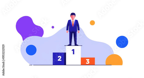 A cartoon businessman in a blue suit stands on a white podium marked '1', with second and third place blocks beside him, symbolizing success and achievement in a modern abstract setting.