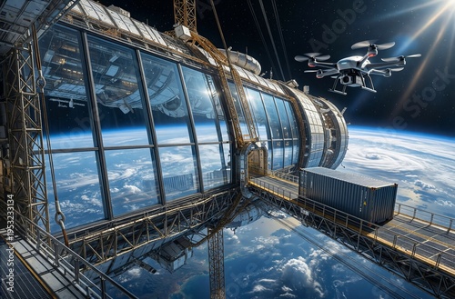 Space Station with Drone and Earth View