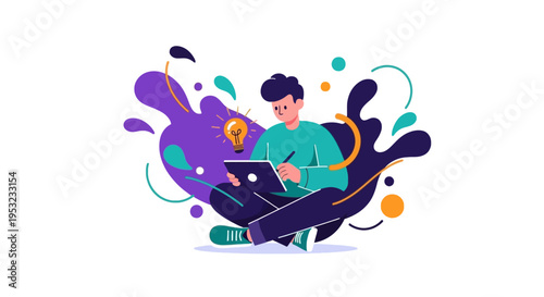 a man sits cross-legged with a laptop and notebook, surrounded by colorful abstract shapes and a glowing lightbulb, symbolizing creativity and inspiration
