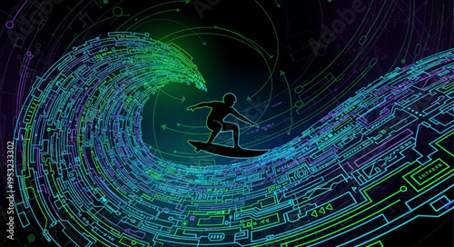 Surfer Riding a Digital Wave - A Fusion of Technology and Sport.