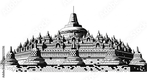 Detailed Illustration of Borobudur Temple, a Majestic Buddhist Monument.