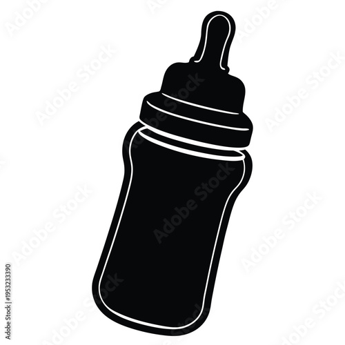 A simple black and white illustration of a classic baby bottle with a nipple