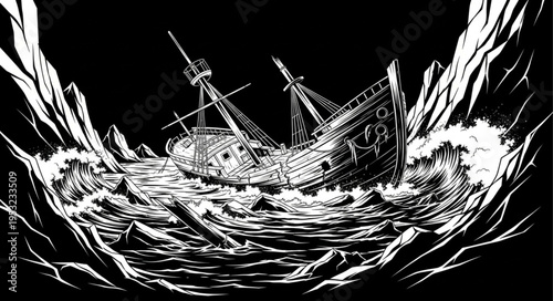 Shipwrecked Vessel Amidst Tempestuous Waves - A Dramatic Maritime Scene.