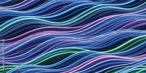 Dynamic abstract background of glowing neon wavy lines in vibrant blues, purples, and greens, resembling liquid light or digital currents.